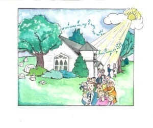 A drawing of people walking in front of a church