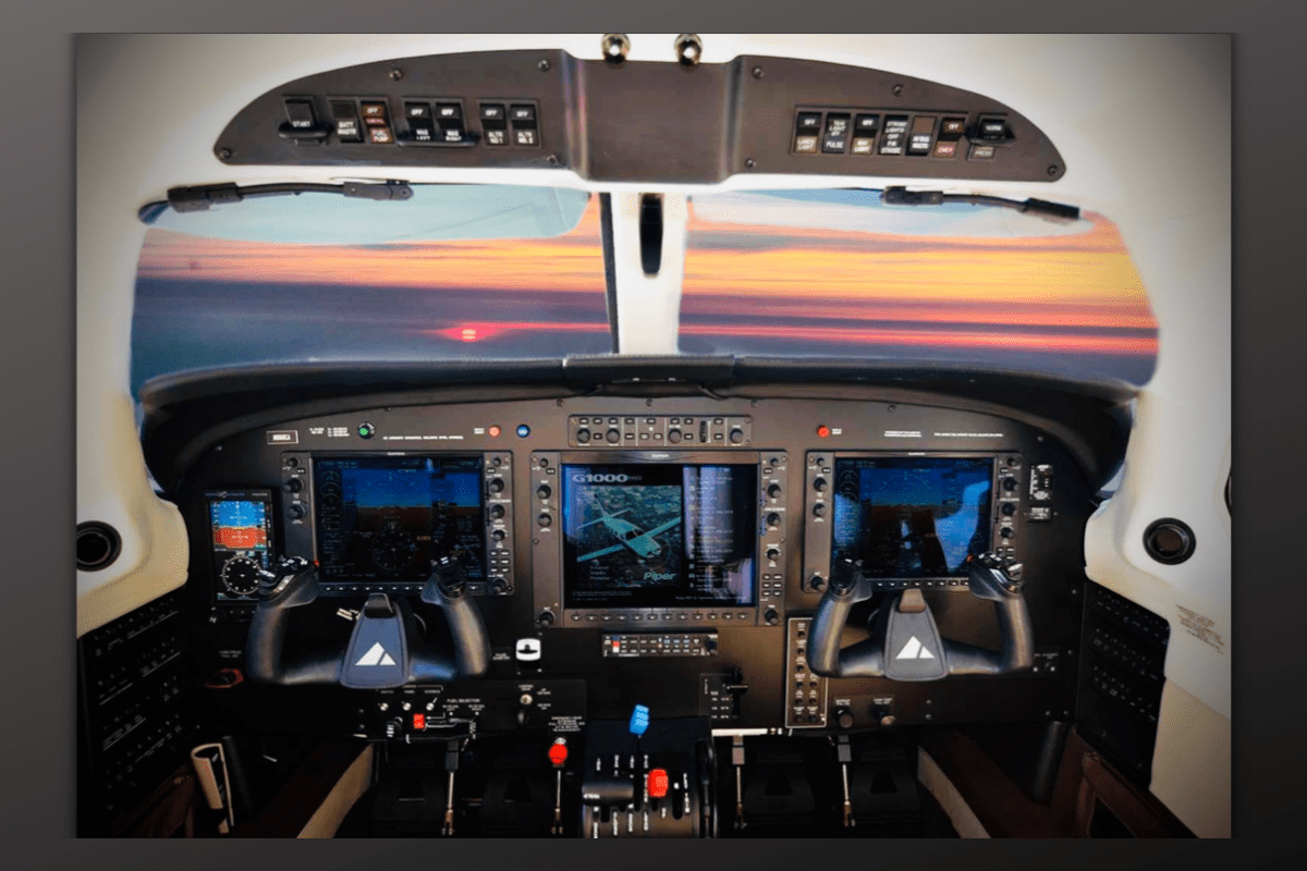 A view of the cockpit of an airplane.