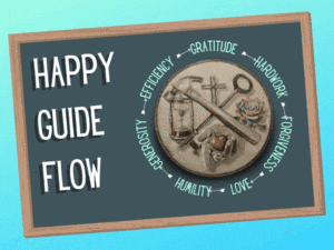 A chalkboard with the words happy guide flow written in it.