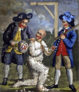 A painting of three men shaving another man 's head.